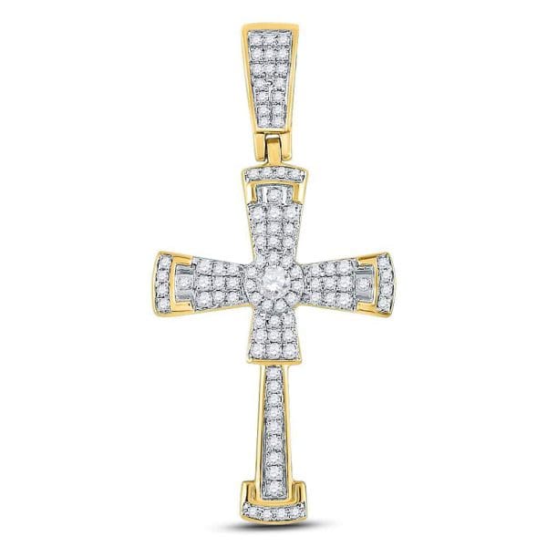 10kt Yellow Gold His Round Diamond Flared Cross Crucifix Charm Pendant 1/2 Cttw