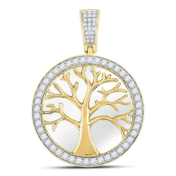 10kt Yellow Gold His Round Diamond Tree of Life Circle Charm Pendant 3/4 Cttw