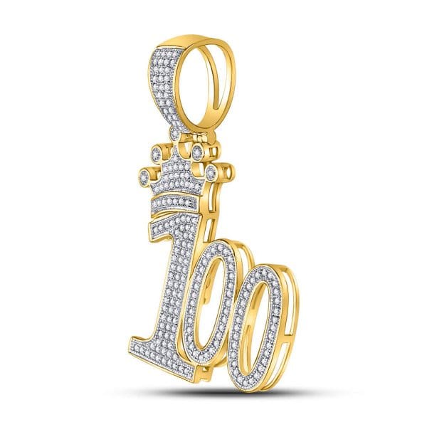 Round Diamond 100 Hundred Crown Charm Pendant - 10K Yellow Gold - Diamond Pendant - Image 2