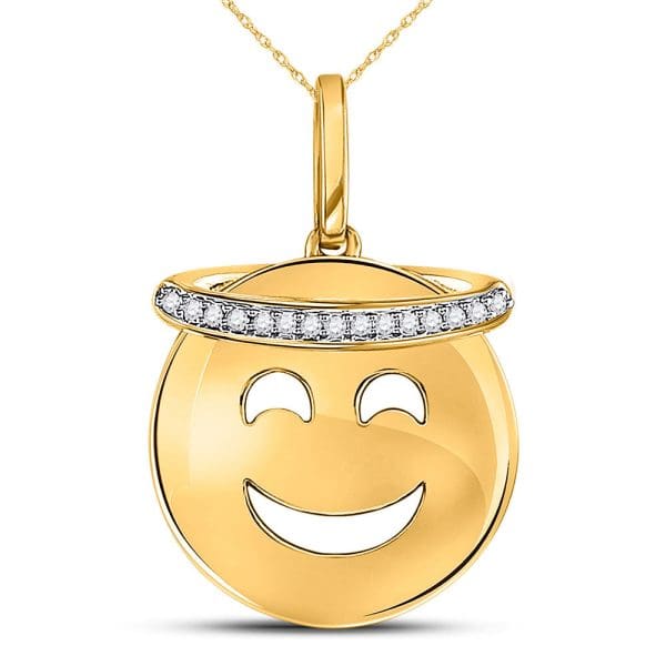 10kt Yellow Gold  Round Diamond Smiley Face Halo Emoji Pendant 1/20 Cttw