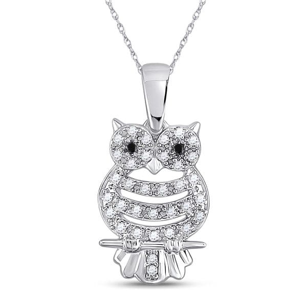 Round Black Color Enhanced Diamond Owl Bird Animal Pendant - 10kt White Gold