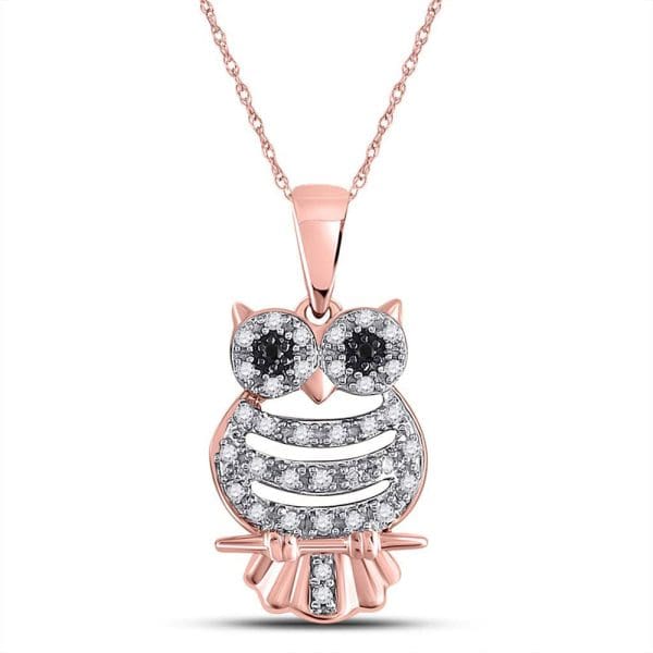 10kt Rose Gold  Round Black Color Enhanced Diamond Owl Animal Pendant 1/6 Cttw