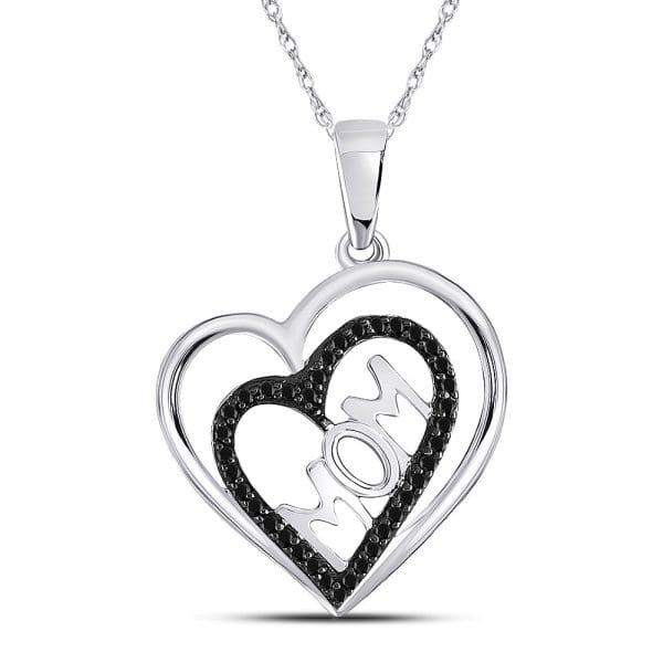 Round Black Color Enhanced Diamond Mom Mot Heart Pendant - 10kt White Gold