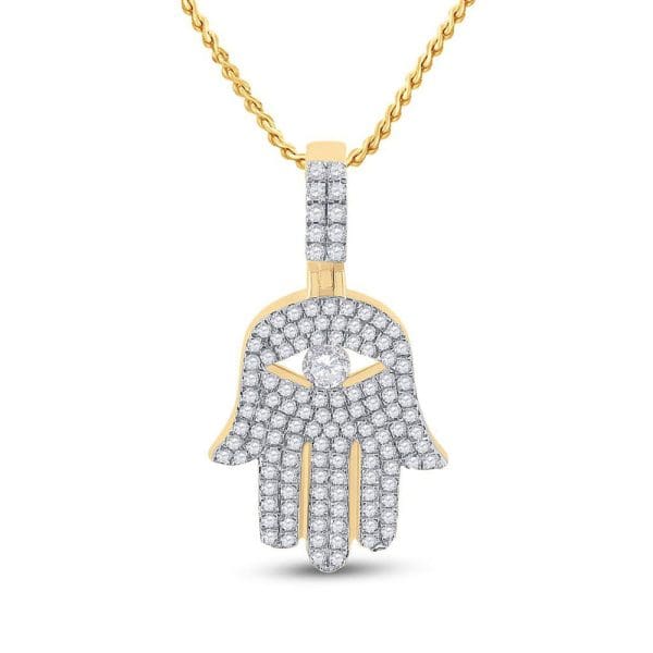 10kt Yellow Gold His Round Diamond Hamsa Hand Charm Pendant 1 Cttw