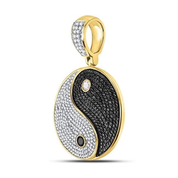 Round Black Color Enhanced Diamond Yin Yang Charm Pendant - 10kt Yellow Gold - Image 2