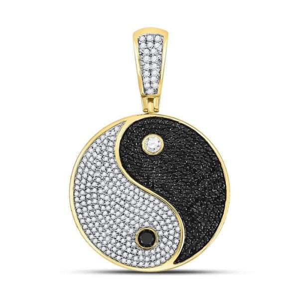 Round Black Color Enhanced Diamond Yin Yang Charm Pendant - 10kt Yellow Gold