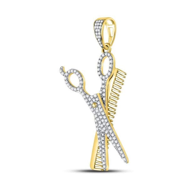 Round Diamond Scissors Comb Barber Charm Pendant - 10kt Yellow Gold - Image 2