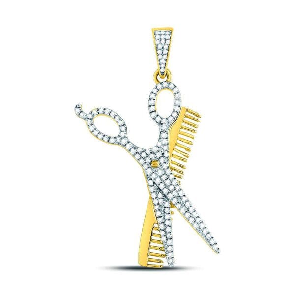 Round Diamond Scissors Comb Barber Charm Pendant - 10kt Yellow Gold