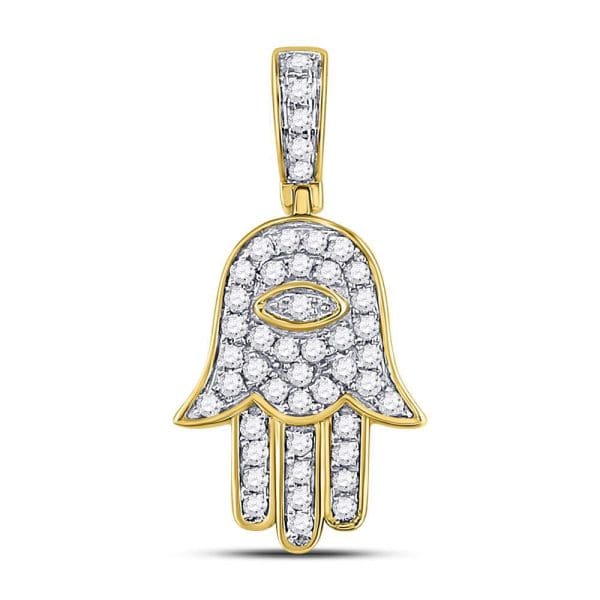 Round Diamond Hamsa Eye Fatima Charm Pendant - 10K Yellow Gold - Diamond Pendant Charm