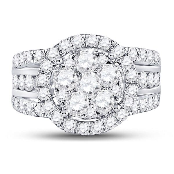 14kt White Gold Round Diamond Cluster Bridal Wedding Engagement Ring 2 Cttw - Image 2