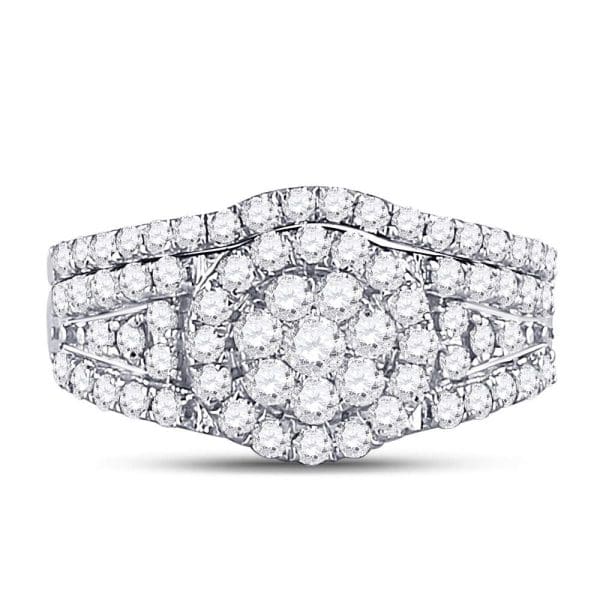 14kt White Gold Round Diamond Cluster Bridal Wedding Ring Band Set 1 Cttw - Image 2