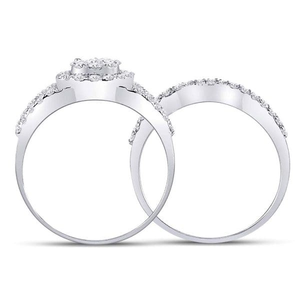 14kt White Gold Round Diamond Cluster Bridal Wedding Ring Band Set 1 Cttw - Image 4
