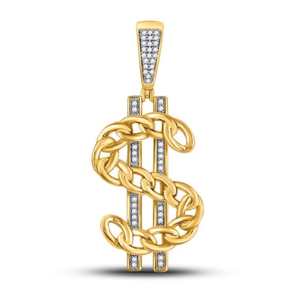 10kt Yellow Gold His Round Diamond Chain Link Dollar Charm Pendant 1/8 Cttw