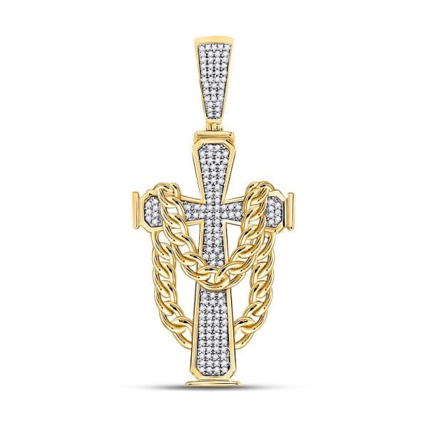 Round Diamond Cross Cuban Link Charm Pendant - 10K Yellow Gold