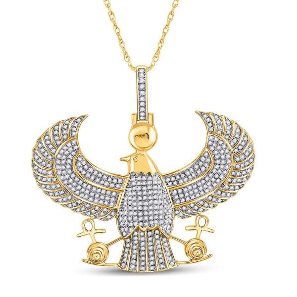 Round Diamond Eagle Falcon Egyptian Horus Ankh Charm Pendant - 10K Yellow Gold - Diamond Charm Pendant