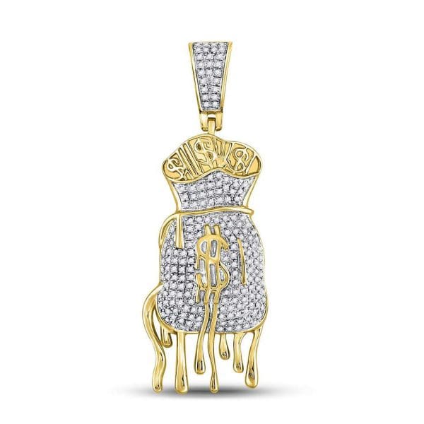 Round Diamond Dripping Money Bag Charm Pendant - 10K Yellow Gold - Diamond Bag Charm