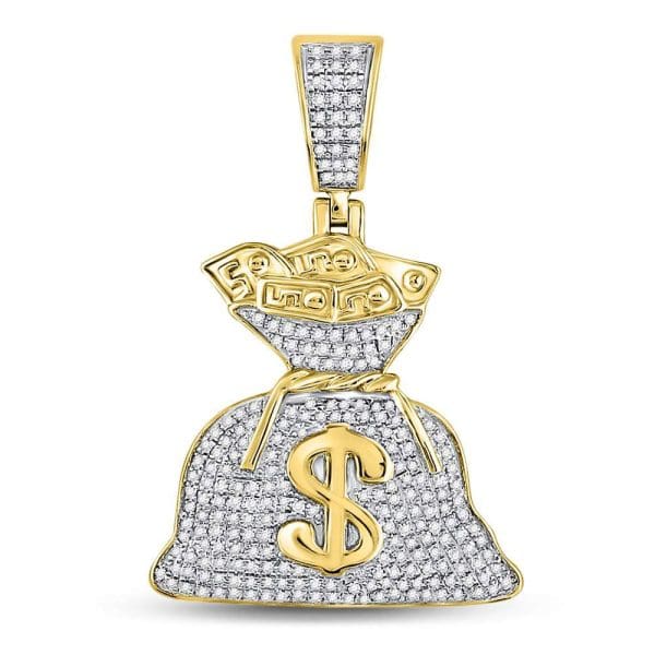 Round Diamond Money Bag Dollar Charm Pendant - 10K Yellow Gold - Diamond Charm