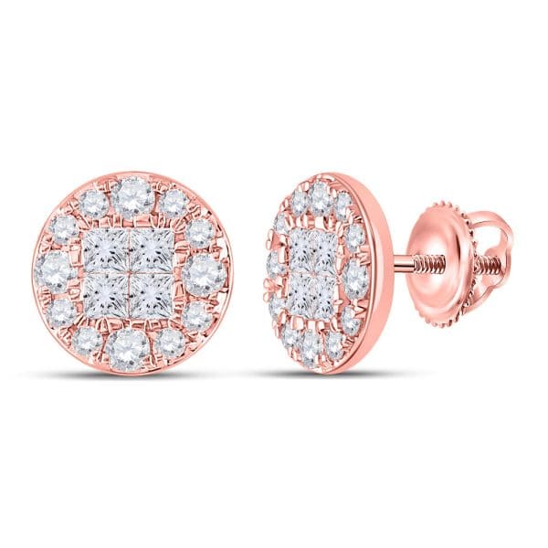 14kt Rose Gold  Princess Round Diamond Cluster Earrings 1 Cttw