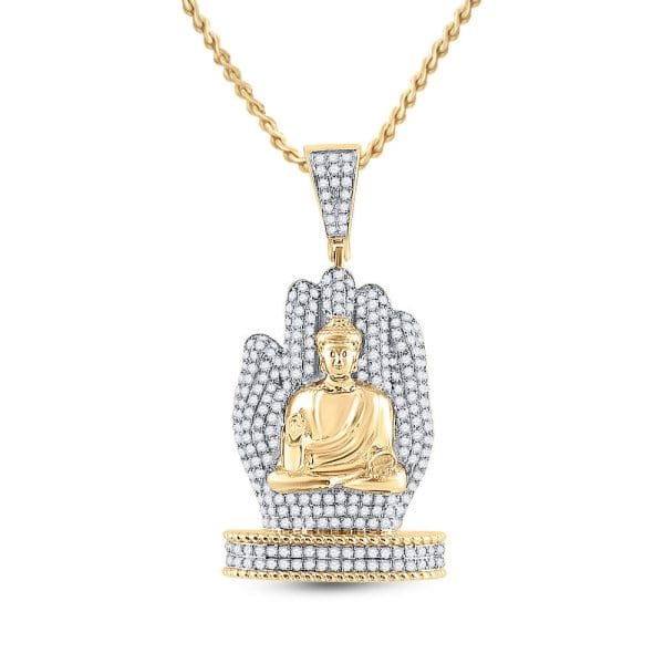 10kt Yellow Gold His Round Diamond Buddha Hand Charm Pendant 1-3/4 Cttw