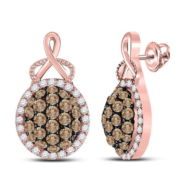 14kt Rose Gold  Round Brown Diamond Cluster Earrings 1 Cttw