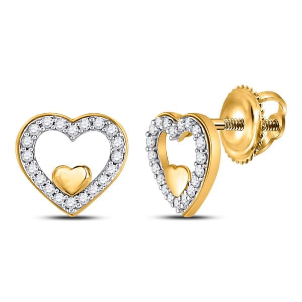 10kt Yellow Gold  Round Diamond Heart Earrings 1/8 Cttw