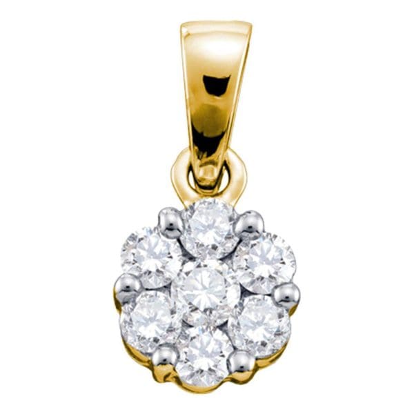 14kt Yellow Gold  Round Diamond Flower Cluster Pendant 1 Cttw