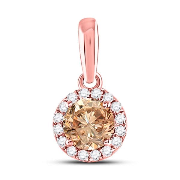 14kt Rose Gold  Round Brown Diamond Halo Solitaire Pendant 1/2 Cttw