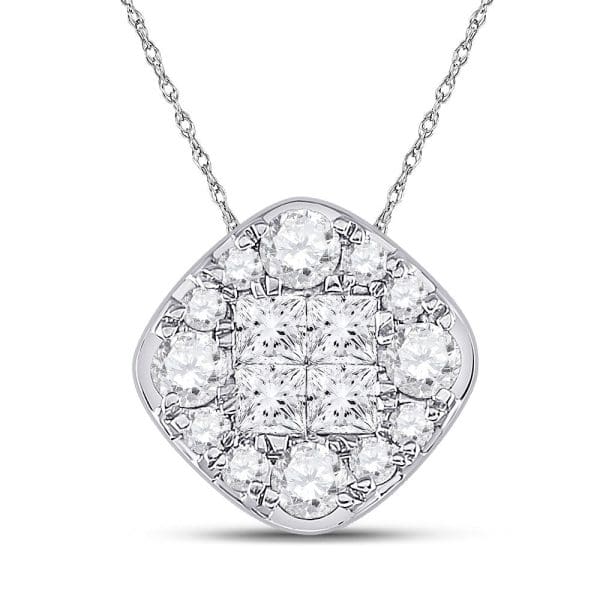 14kt White Gold  Princess Diamond Offset Square Cluster Pendant 1 Cttw