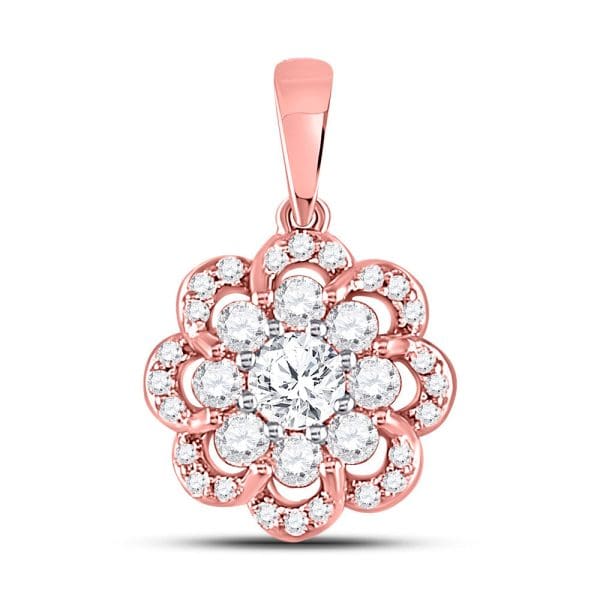 Round Diamond Flower Halo Cluster Pendant 1/2 Cttw - 10K Two-tone Gold