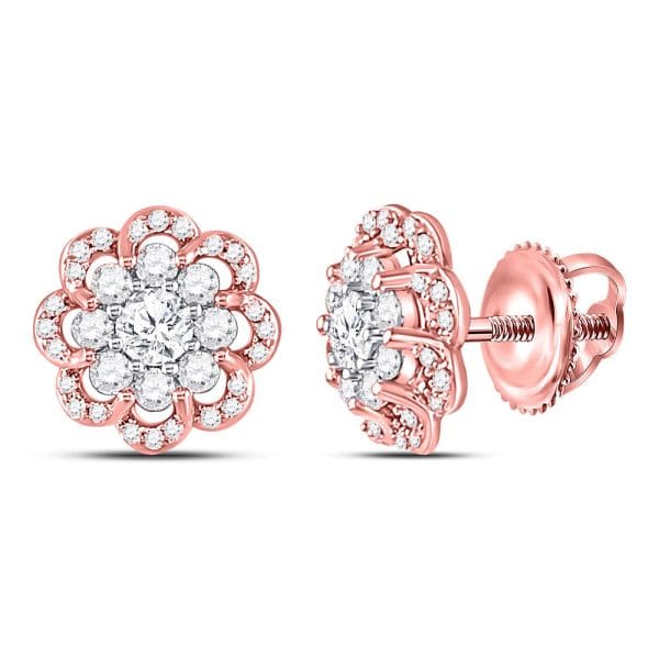 10kt Two-tone Gold  Round Diamond Flower Halo Cluster Earrings 1 Cttw