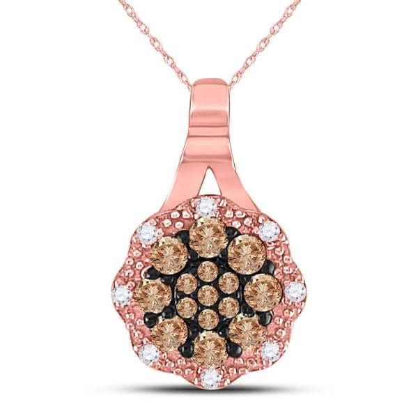 14kt Rose Gold  Round Brown Diamond Cluster Pendant 1/4 Cttw