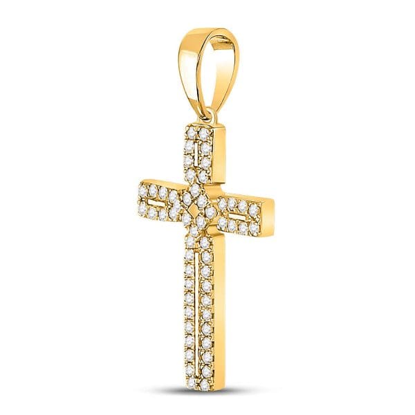 Uni-sex Round Diamond Roman Cross Pendant - 10K Yellow Gold - Diamond Cross Pendant - Image 2