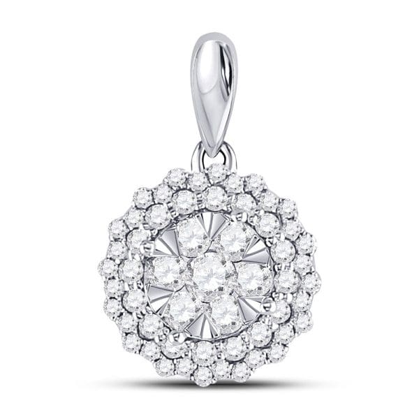 14kt White Gold  Round Diamond Flower Cluster Pendant 1/2 Cttw