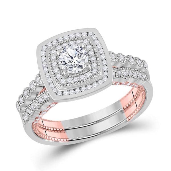 14kt Two-tone Gold Round Diamond Bridal Wedding Ring Band Set 1 Cttw