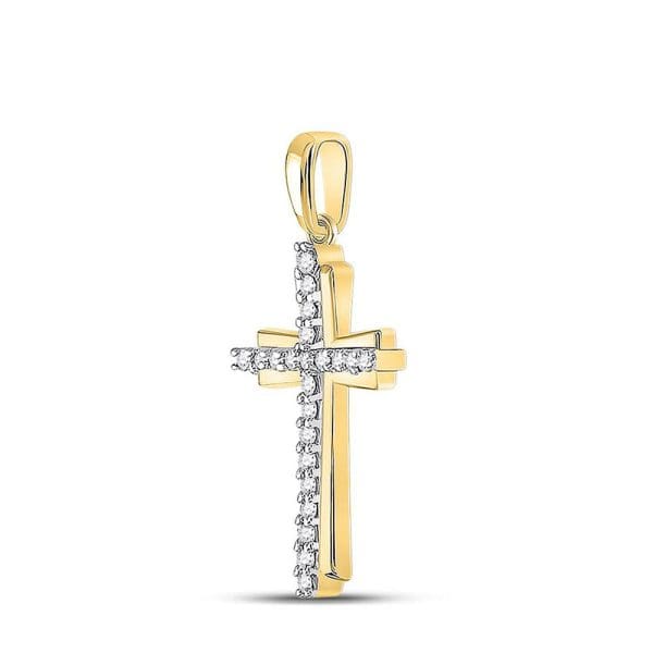 Round Diamond Cross Pendant - 10K Yellow Gold - Diamond Cross Pendant - Image 2