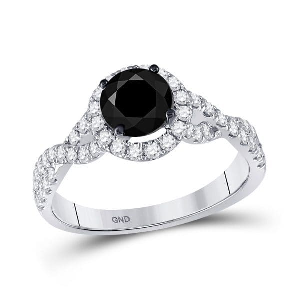 Round Black Diamond Solitaire Bridal Engagement Ring - 14K White Gold - Diamond Solitaire Ring