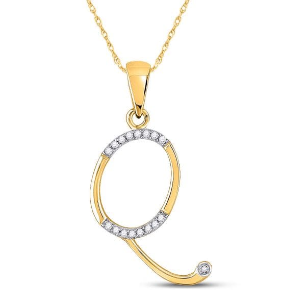 Round Diamond Initial Q Letter Pendant - 10K Yellow Gold - Diamond Letter Pendant