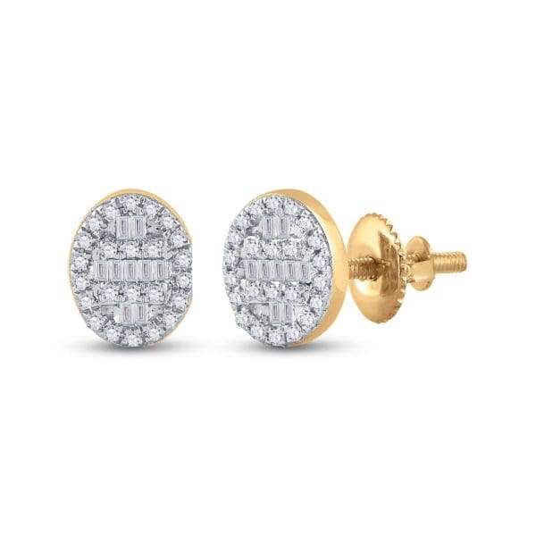 10kt Yellow Gold  Baguette Diamond Oval Cluster Earrings 1/4 Cttw
