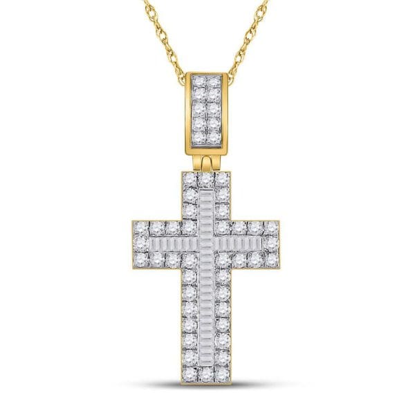 10kt Yellow Gold His Baguette Diamond Cross Charm Pendant 1-5/8 Cttw