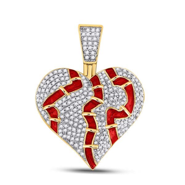 Round Diamond Broken Stitched Heart Charm Pendant - 10kt Yellow Gold