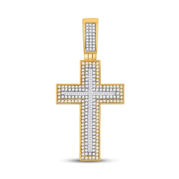 10kt Yellow Gold His Baguette Diamond Cross Charm Pendant 1-1/2 Cttw