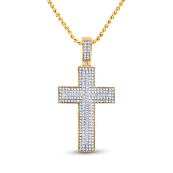 10kt Yellow Gold His Baguette Diamond Cross Charm Pendant 2-3/4 Cttw