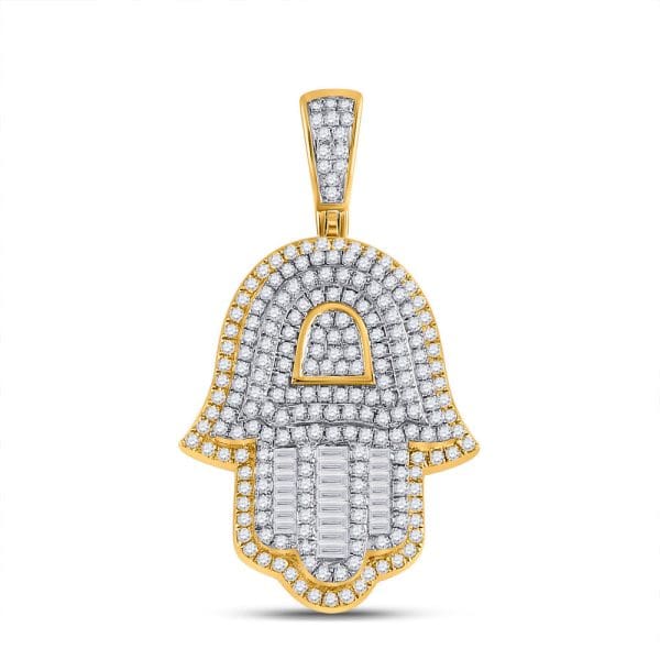 10kt Yellow Gold His Baguette Diamond Hamsa Hand Charm Pendant 1-1/3 Cttw