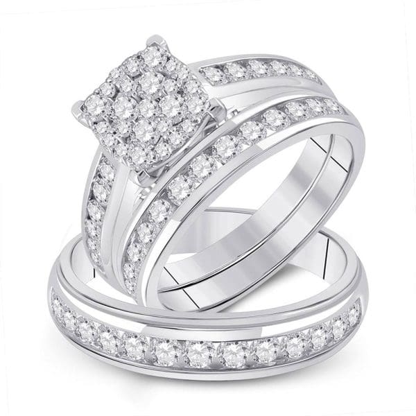 14kt White Gold His s Round Diamond Square Matching Wedding Set 1-3/4 Cttw
