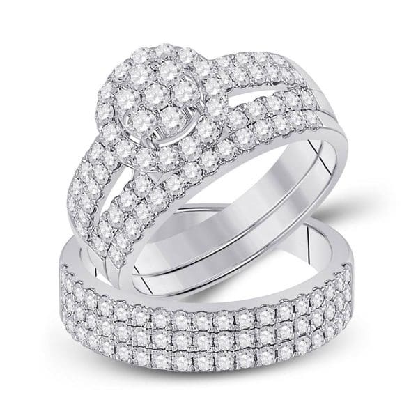 14kt White Gold His s Round Diamond Cluster Matching Wedding Set 2-1/3 Cttw