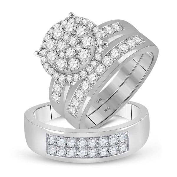 14kt White Gold His s Round Diamond Cluster Matching Wedding Set 1-7/8 Cttw