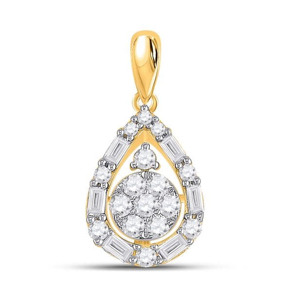 14kt Yellow Gold  Round Diamond Teardrop Cluster Pendant 1/2 Cttw