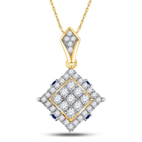 14kt Yellow Gold  Round Diamond Blue Sapphire Square Pendant 5/8 Cttw