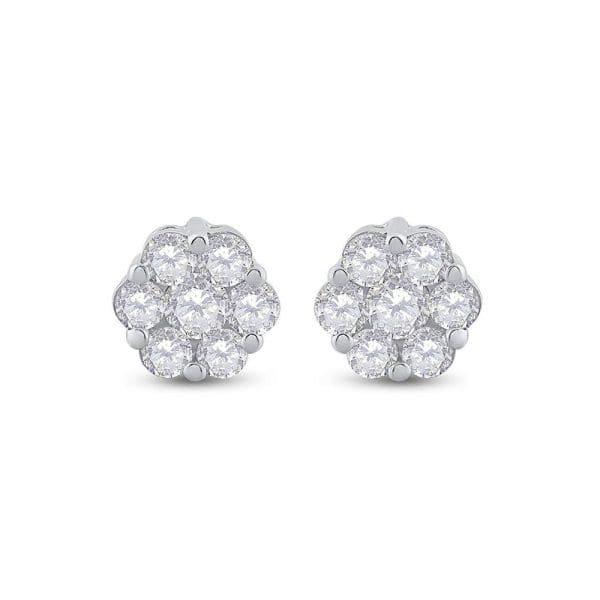 14kt White Gold  Round Diamond Flower Cluster Earrings 3/4 Cttw - Image 2