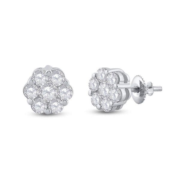 14kt White Gold  Round Diamond Flower Cluster Earrings 3/4 Cttw